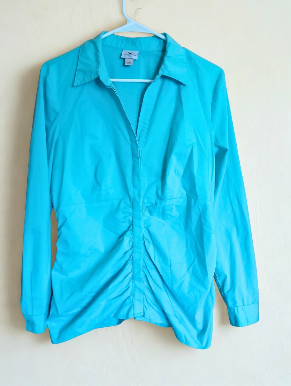 Worthington Stretch Button Down Tunic Top in Turquoise Blue